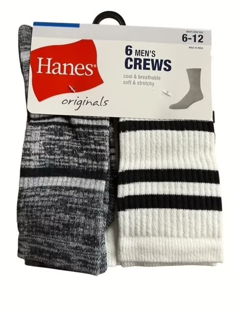Wholesale Lot Of 180 Packs Of Men’s Hanes Socks – Assorted Colors And Styles- 6 Pairs In A Pack – Size 6-12 – Your Price Is Only $5.00 Per Pack