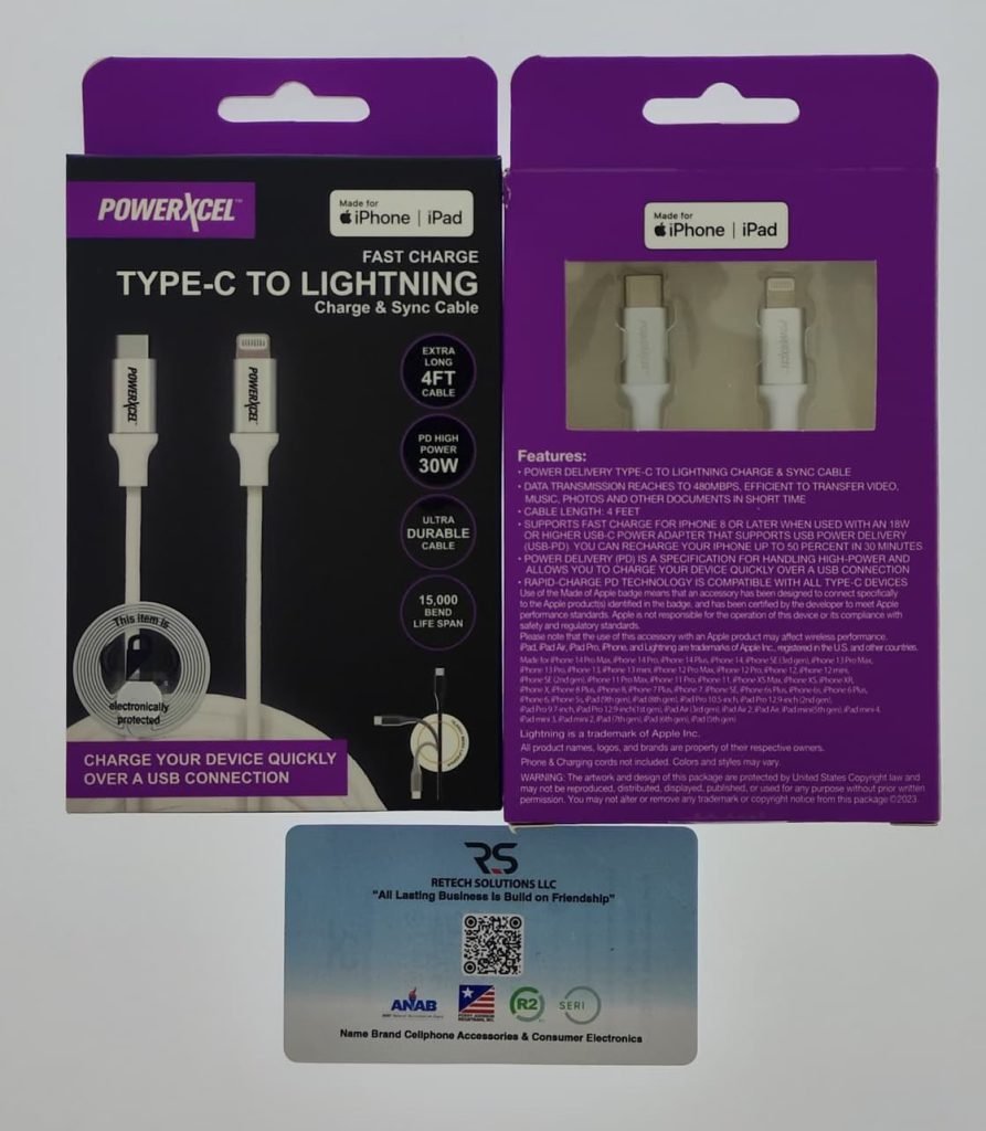 PowerXcel C to Lightning 4ft Cable New Sealed Master Carton 2478 Units Model: 379405 UPC 841133119227 $2 Each