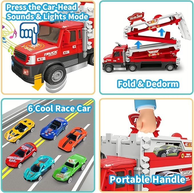 Wholesale Lot Of 65 Carrier Truck Toys – 4.6-FT Foldable Hauler Track – 6 Metal Race Cars With Light & Sounds – Blue And Red – Your Price Is Only $13 Each – Shipping Included