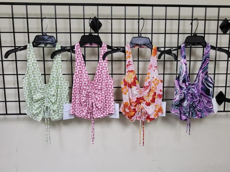 Wholesale Lot Of 15,000 Women’s Printed Ruched Drawstring Halter Crop Tops – Assorted Colors And Sizes – Your Price Is Only $0.50 Each