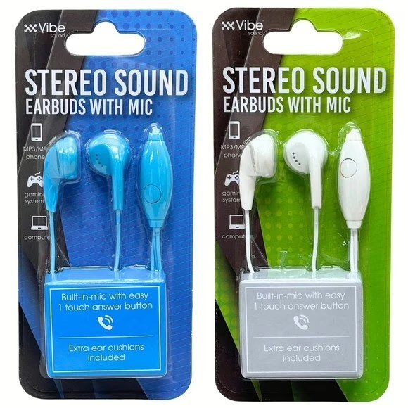 Wholesale Lot Of 1,920 VIBE Stereo Sound Earbuds with Mic in Assorted Colors – MSRP $3.75 Each – Your Price Is Only .75 Each