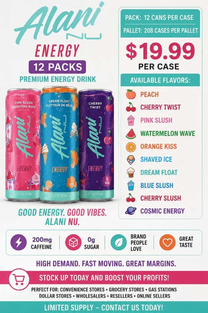 Wholesale Lot Of Alani Nu Energy Drink 12oz Cans – 12 Cans Per Case – 208 Cases Per Pallet – 200mg Caffeine – 0g Sugar – Multiple Flavors Available – Your Price Is Only $19.99 Per Case