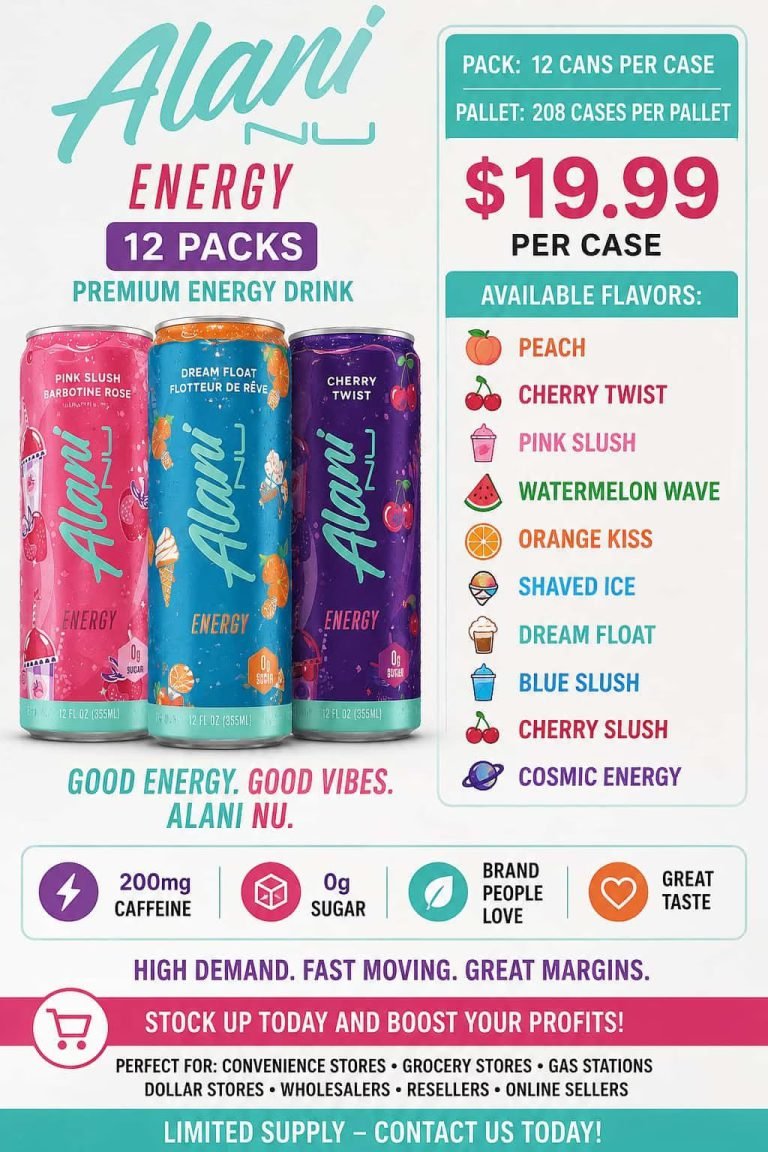 Wholesale Lot Of Alani Nu Energy Drink 12oz Cans – 12 Cans Per Case – 208 Cases Per Pallet – 200mg Caffeine – 0g Sugar – Multiple Flavors Available – Your Price Is Only $19.99 Per Case