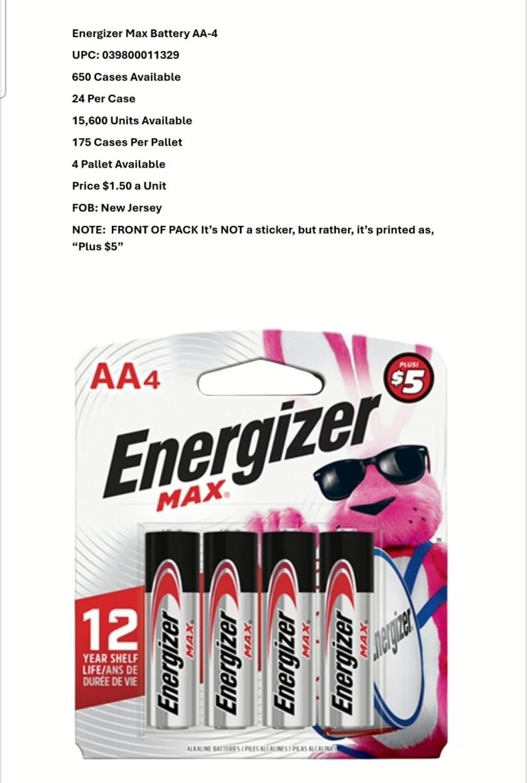 Wholesale Lot Of 4,200 Packs Of Energizer Max AA Batteries – 4 Pack – 12 Year Shelf Life – MSRP $5.00 Each Pack – Your Price Is Only $1.50 For Each Pack