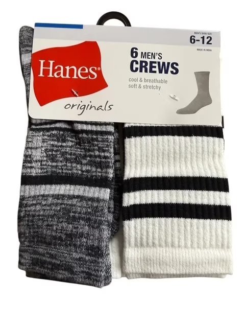 Wholesale Lot Of 36 Packs Of Men’s Hanes Crew Socks – 6 Pairs In A Pack – Size 6-12 – Your Price Is Only $5.00 Per Pack