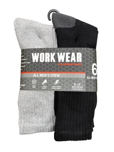 Wholesale Lot Of 50 Packs Of Men’s Work Socks By Work Wear – 6 Pairs In A Pack – Sizes 6-12 – Your Price Is Only $3.50 Per Pack