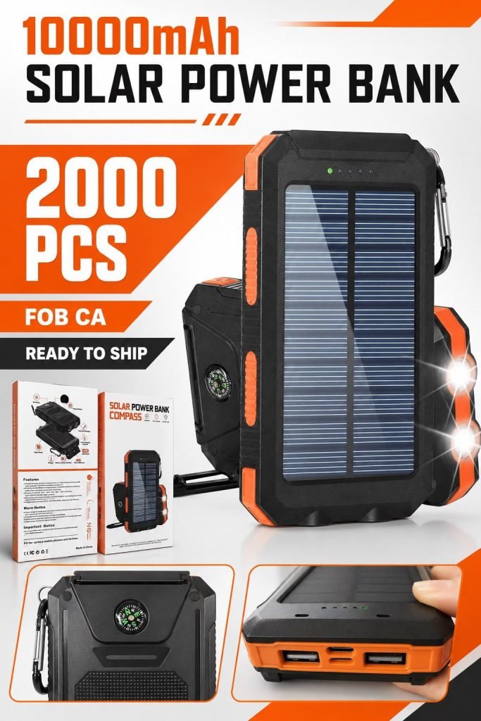 Wholesale Lot Of 2,000 10,000mAh Solar Power Banks With LED Flashlights, Dual USB Charging Ports & Built-In Compass – Estimated Original Retail Value $29.99 Each – Your Price Is Only $6.50 Each