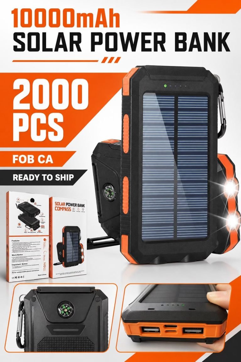 Wholesale Lot Of 2,000 10,000mAh Solar Power Banks With LED Flashlights, Dual USB Charging Ports & Built-In Compass – Estimated Original Retail Value $29.99 Each – Your Price Is Only $6.50 Each