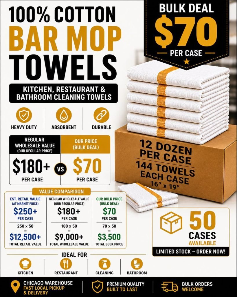 Wholesale Lot Of 50 Cases (7,200 Count) 100% Cotton Bar Mop Towels 16″ x 19″ – Kitchen, Restaurant & Bathroom Cleaning – Suggested Retail Value $250+ Per Case – Your Price Is Only $70 Per Case