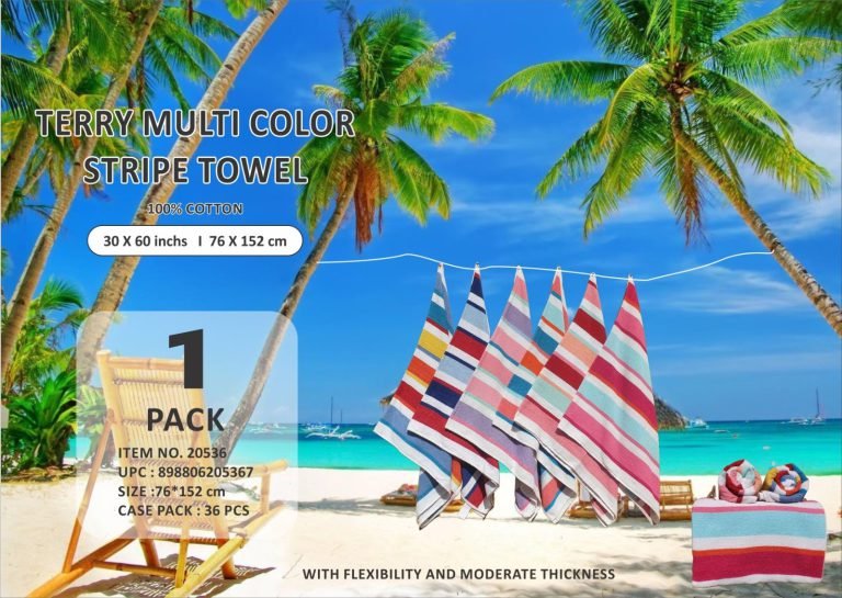 Wholesale Lot Of 5,000 Terry Multi-Color Stripe Beach Towels – 100% Cotton – 30 x 60 Inches (76 x 152 CM) – UPC 898806205350 – MSRP $14.99 Each – Only $2.80 Each