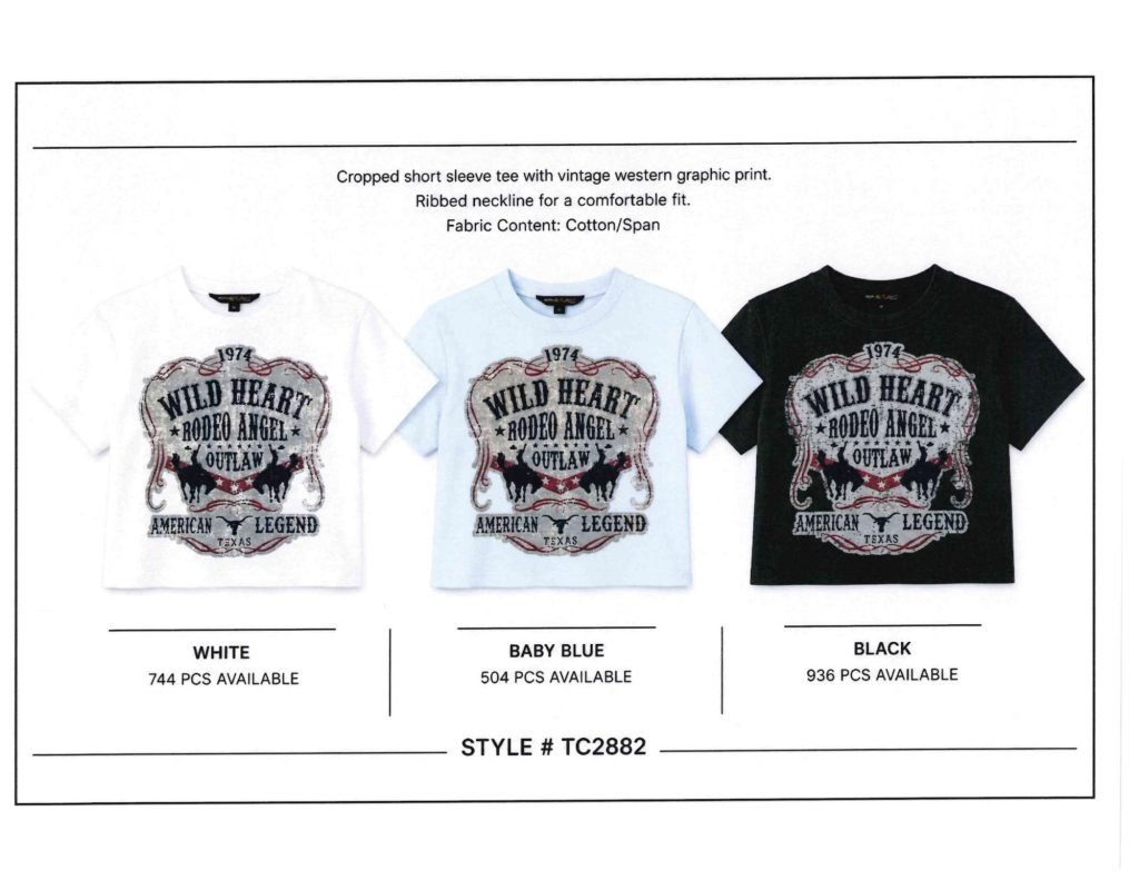 Wholesale Lot Of 288 Women’s Cropped Graphic T-Shirts – Style TC2882 – “Wild Heart” Graphic Print – MSRP $9.99 Each – Your Price Is Only $3.50 Each
