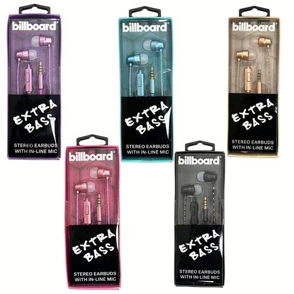 Wholesale Lot Of 25,000 Billboard Wired Extra Bass Stereo Earbuds with Mic in Assorted Colors – Your Price Is Only .75 Each – Shipping Included