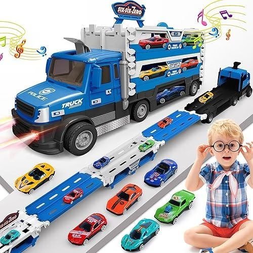 Wholesale Lot Of 650 Blue Carrier Truck Toy Sets – 4.6-FT Foldable Hauler Track – Includes 6 Metal Race Toy Cars With Light & Sounds – Estimated Original Retail Value $39.99 Per Set – Your Price $12 Each – Free Shipping