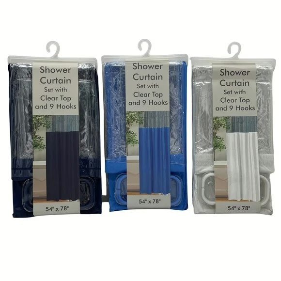 Wholesale Lot Of 1,152 54″ x 78″ Shower Curtain Sets – 9 Hooks – Clear Top – Assorted Colors – Your Price Is Only $1.50 Each