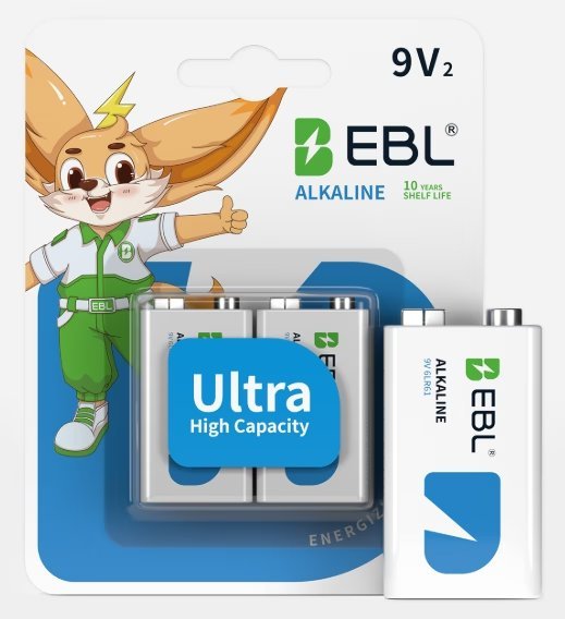 Wholesale Lot Of 20,000 EBL 9V 6LR61 Alkaline Battery Packs – 450mAh – 2-Piece Blister Card Pack – UPC 810161760961 – Original Retail Price $6.29 Per Pack – Your Price Is Only $1.04 Per Pack