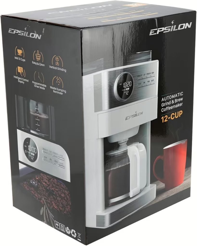 Wholesale Lot Of 600 Epsilon Coffee Makers With Built-in Grinders – 12 Cup – Colors Black And White – MSRP $358 Each – Only $40 Each