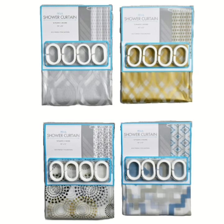 Wholesale Lot Of 576 Printed Shower Curtains With C-Hooks – 70″ X 72″ – Four Styles As Pictured – Your Price Is Only $1.70 Each