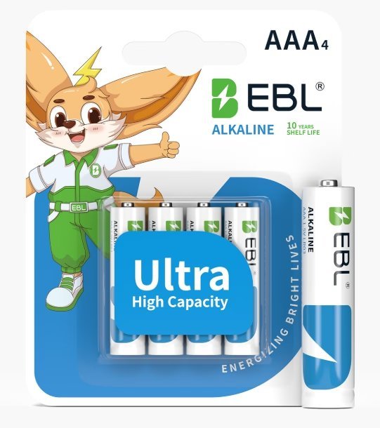 Wholesale Lot Of 20,000 EBL AAA 1.5V LR03 Alkaline Battery Packs – 1100mAh – 4-Piece Blister Battery Pack – UPC 810161760961 – Original Retail Price $3.99 Per Pack – Your Price Is Only $0.60 Per Pack