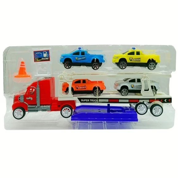 Wholesale Lot Of 240 Toy Car Carrier Trucks With Four Colorful Police Cars And Launch Ramp – Only $5.50 Each