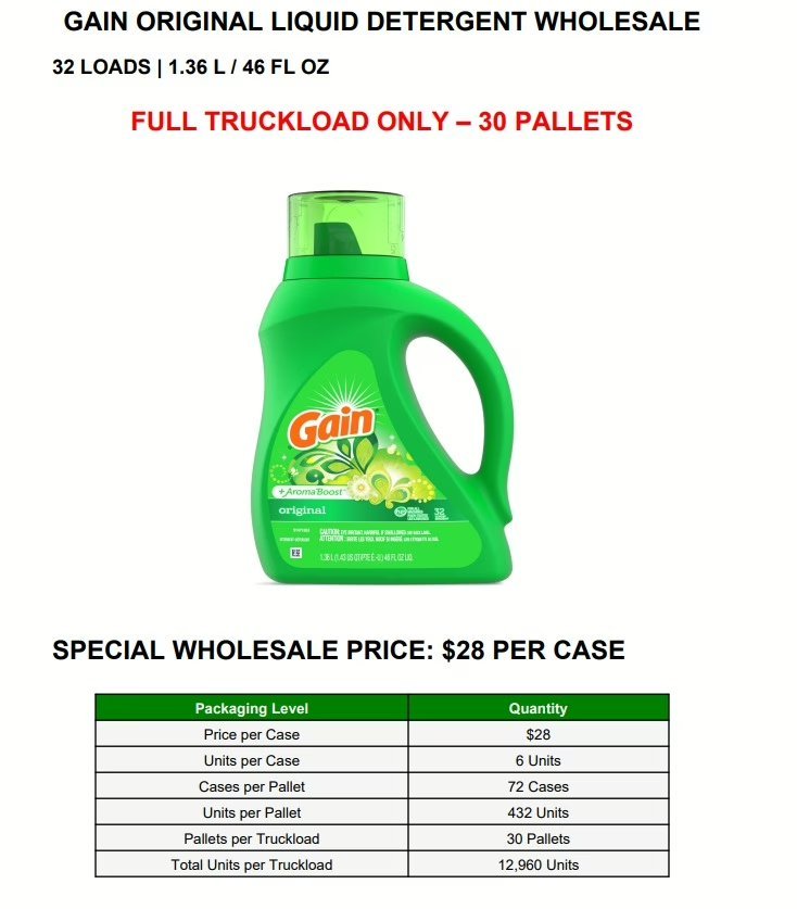 Wholesale Truckload Of 12,960 Gain Original Liquid Detergents – 46 Fl Oz – Your Price Is Only $4.67 Each