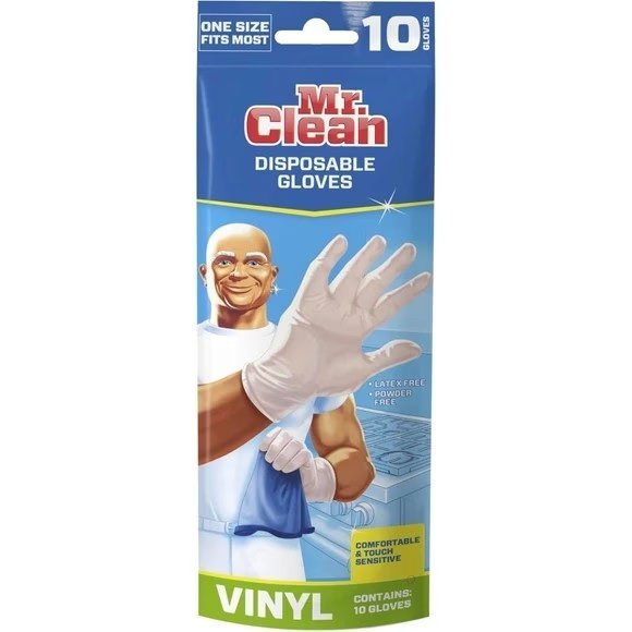 Wholesale Lot Of 4,800 Packs Of Mr. Clean 10 Disposable Vinyl Cleaning Gloves – MSRP $10.49 Each – One Size Fits All – UPC 011171230592 – Your Price Is Only $1.00 Per Pack