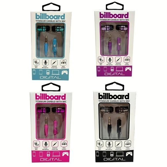 Wholesale Lot Of 100,000 Pairs Of Billboard Titanium Wired Earbuds with Mic In Assorted Colors – Your Price Is Only .75 Each – Shipping Included