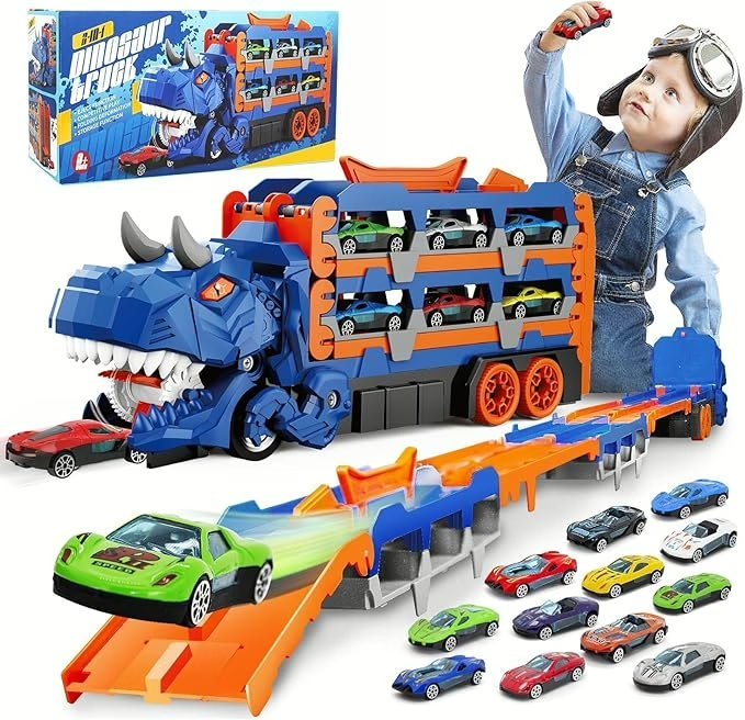 Wholesale Lot Of 150 Dinosaur Transporter Truck Toys with 12 Race Cars – Your Price Is Only $12.00 Each – Shipping Included