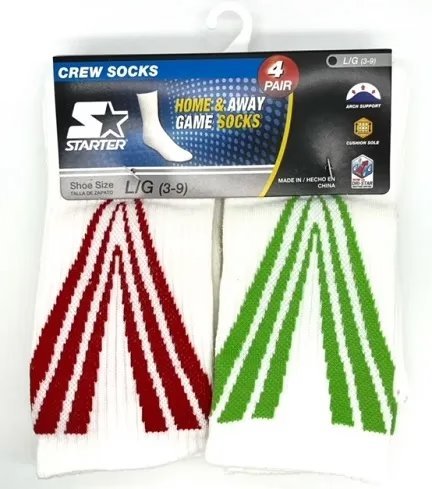 Wholesale Lot Of 360 Packs Of Starter Youth Crew Socks – 4 Pairs Per Pack – Sizes 3-9 – Suggested Retail Price $9.99 Per Pack – Your Price Is Only $2.00 Per Pack
