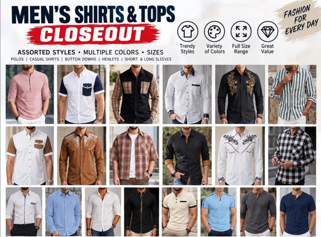 Wholesale Closeout Lot Of 29,000 Men’s Shirts & Tops – Assorted Styles, Colors & Sizes – $1.95 Each