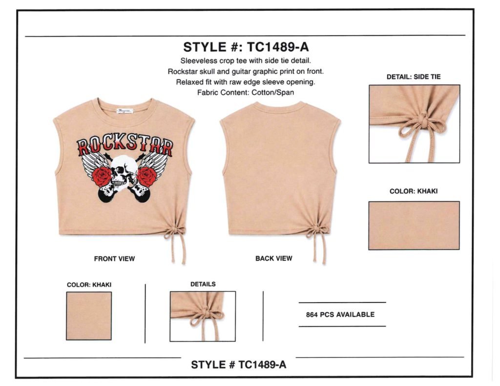 Wholesale Lot Of 288 Women’s Sleeveless Tie-Front Graphic Tops – Style TC1489-A – “Rockstar” Graphic Print – MSRP $9.99 Each – Your Price Is Only $3.50 Each