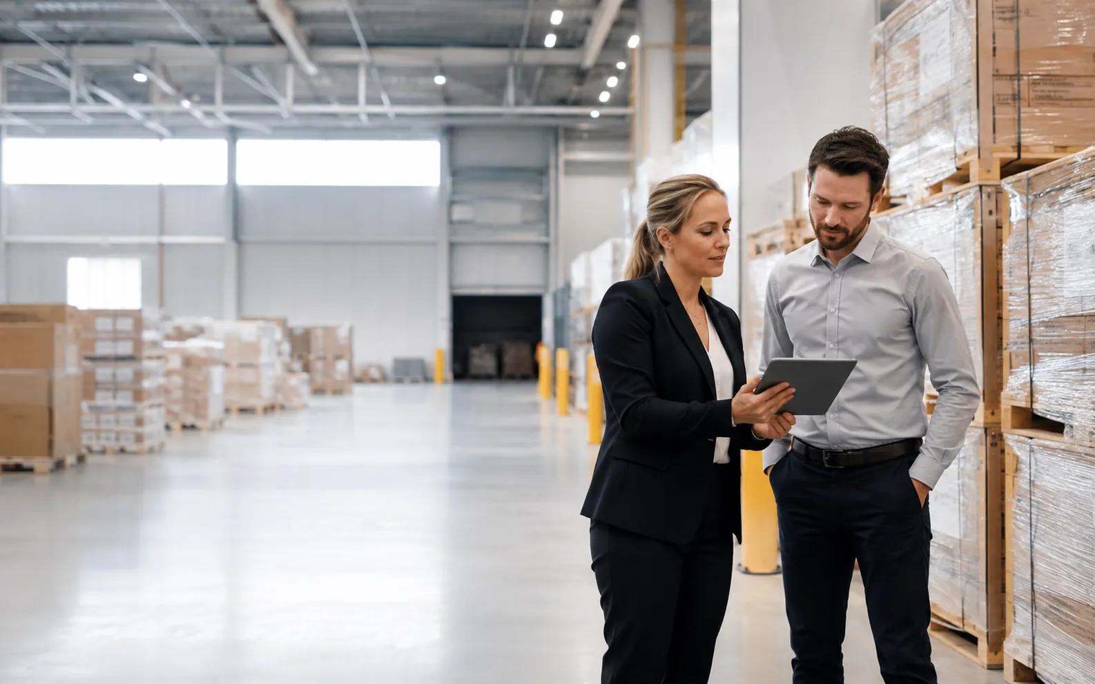 Wholesale buyers reviewing warehouse inventory