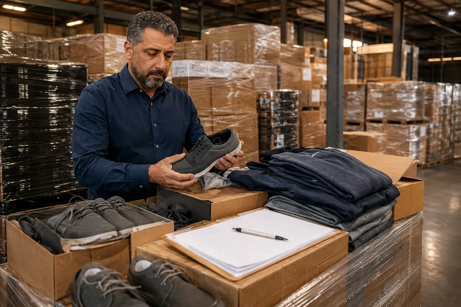 Business buyer reviewing footwear and apparel inventory