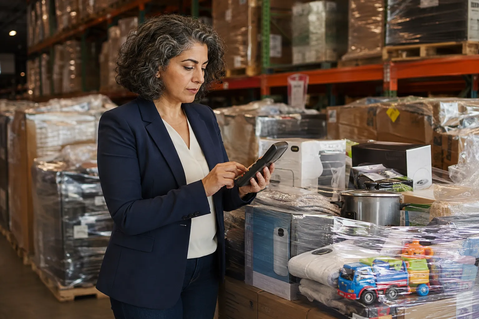 Wholesale buyer reviewing mixed merchandise on pallets