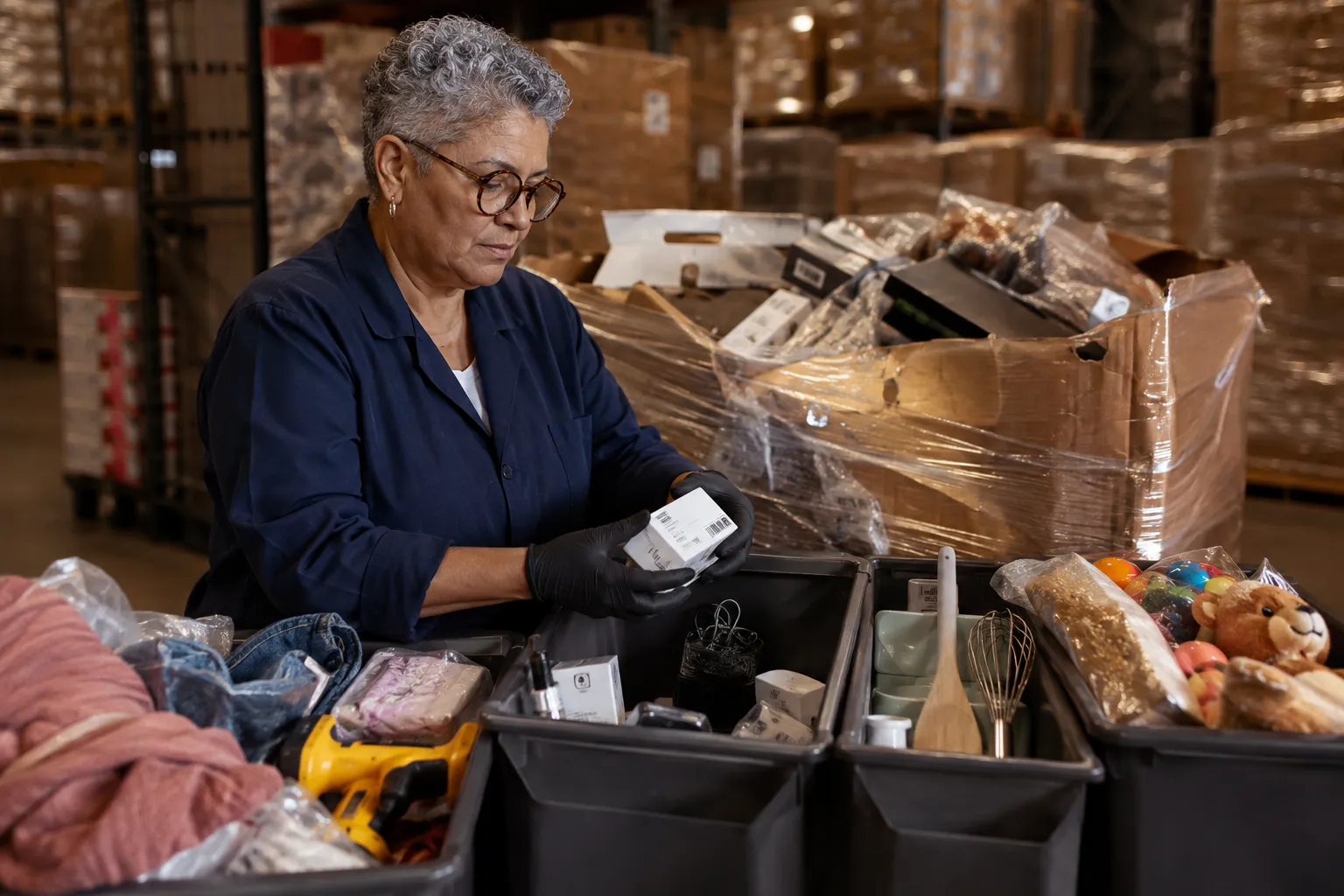 Worker inspecting mixed health and beauty products