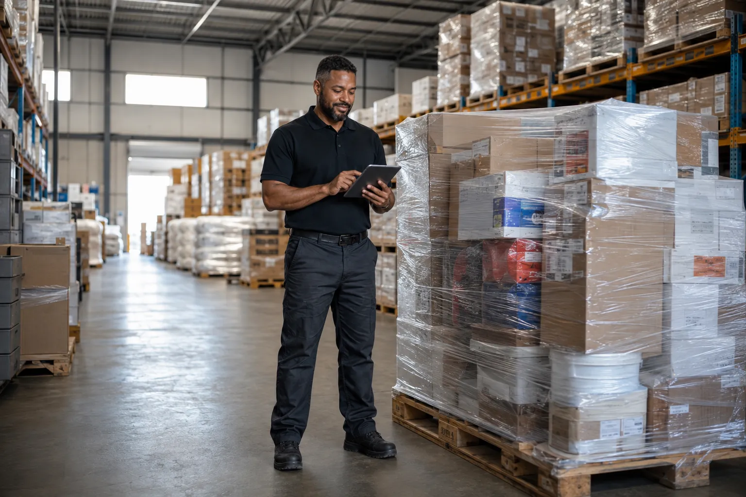 Warehouse buyer reviewing a health and beauty pallet