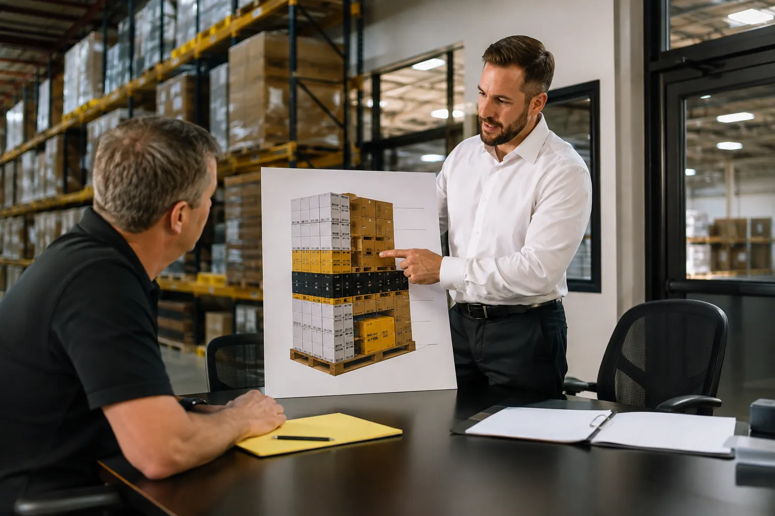 Warehouse buyer reviewing a return pallet classification
