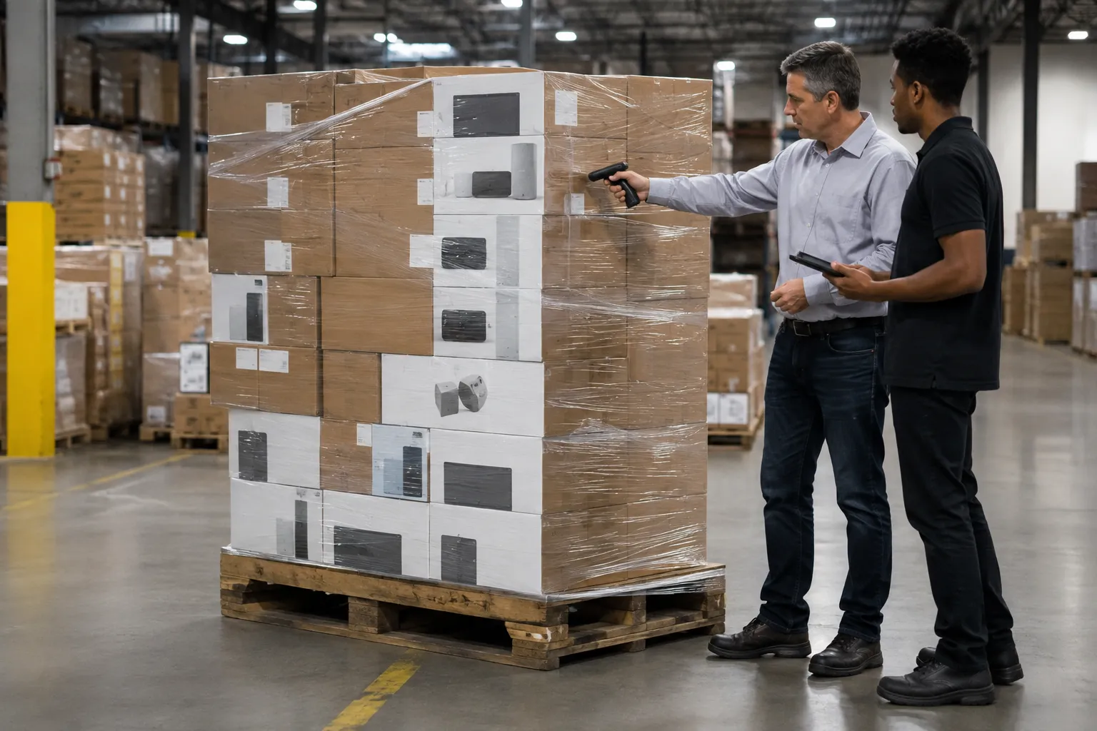 Wholesale buyers scanning and evaluating a wrapped return pallet