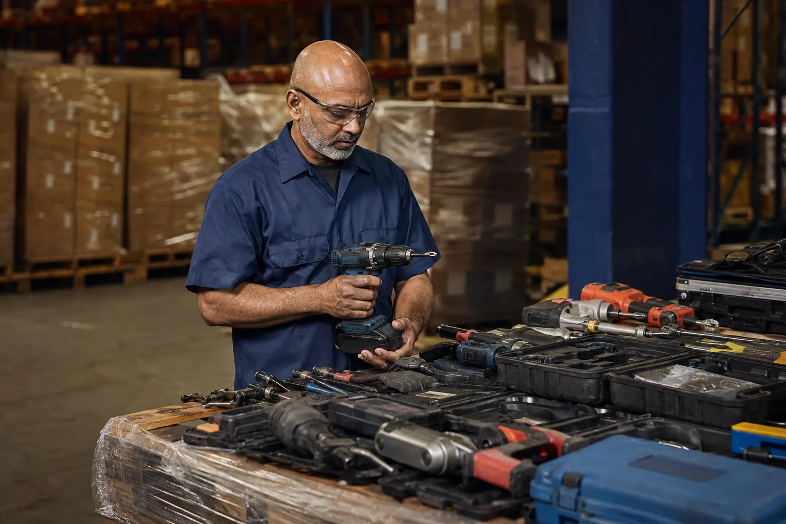 Warehouse worker inspecting cordless power tools