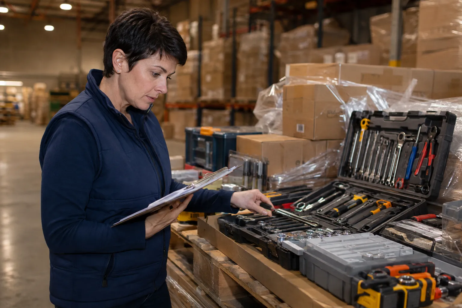 Worker inspecting workshop tools