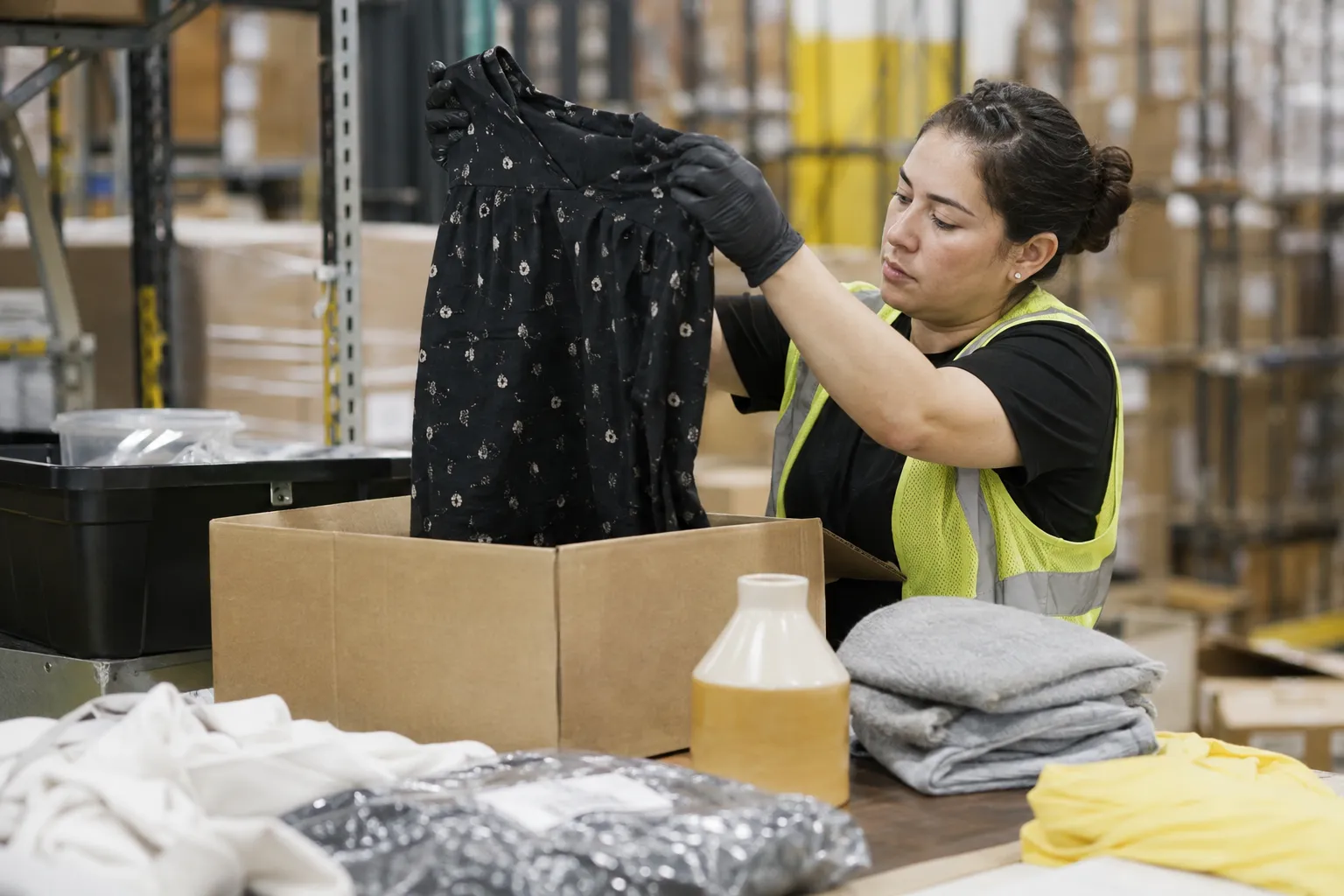 Wholesale warehouse worker inspecting merchandise