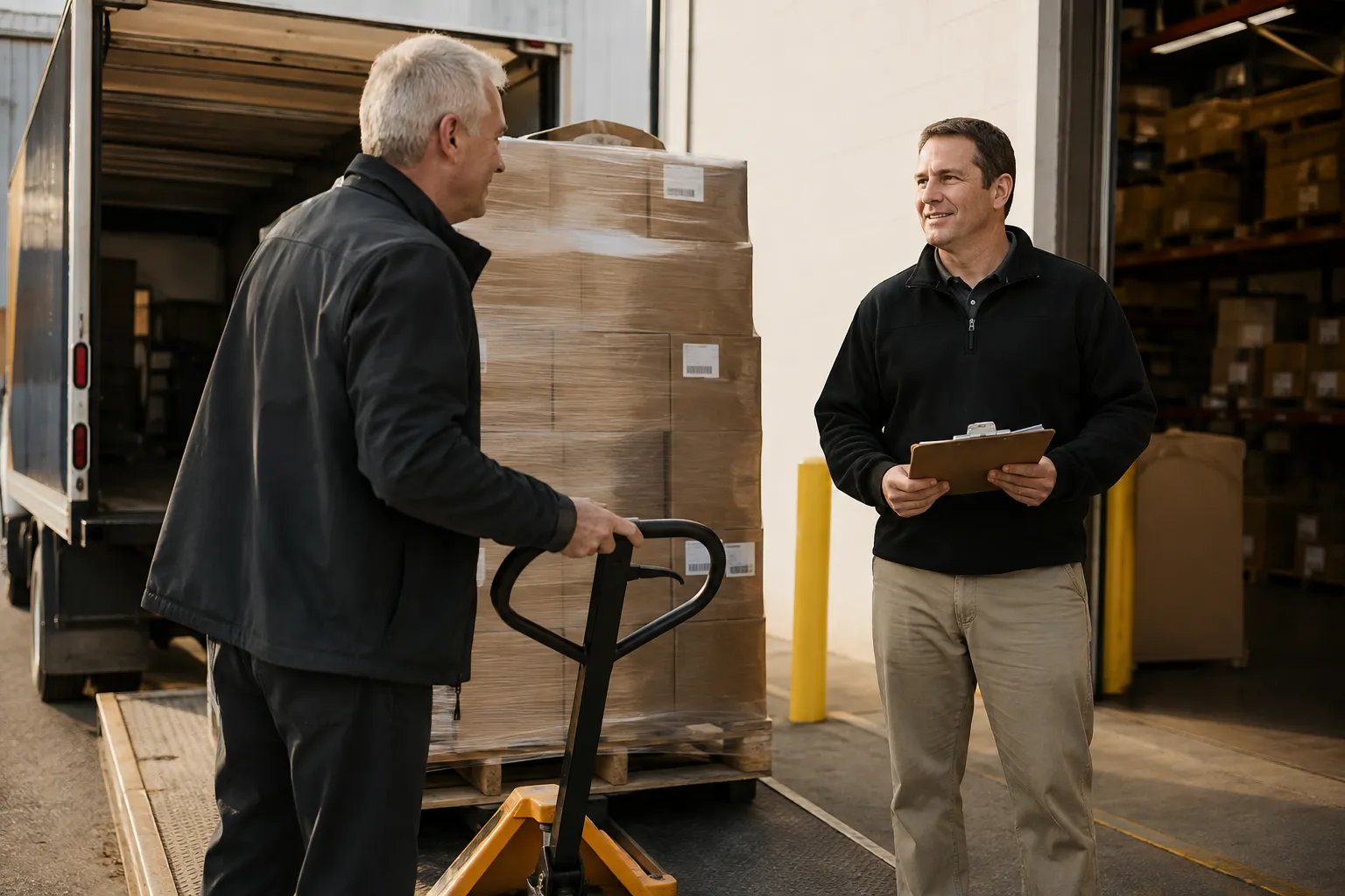 Warehouse team coordinating a pallet shipment