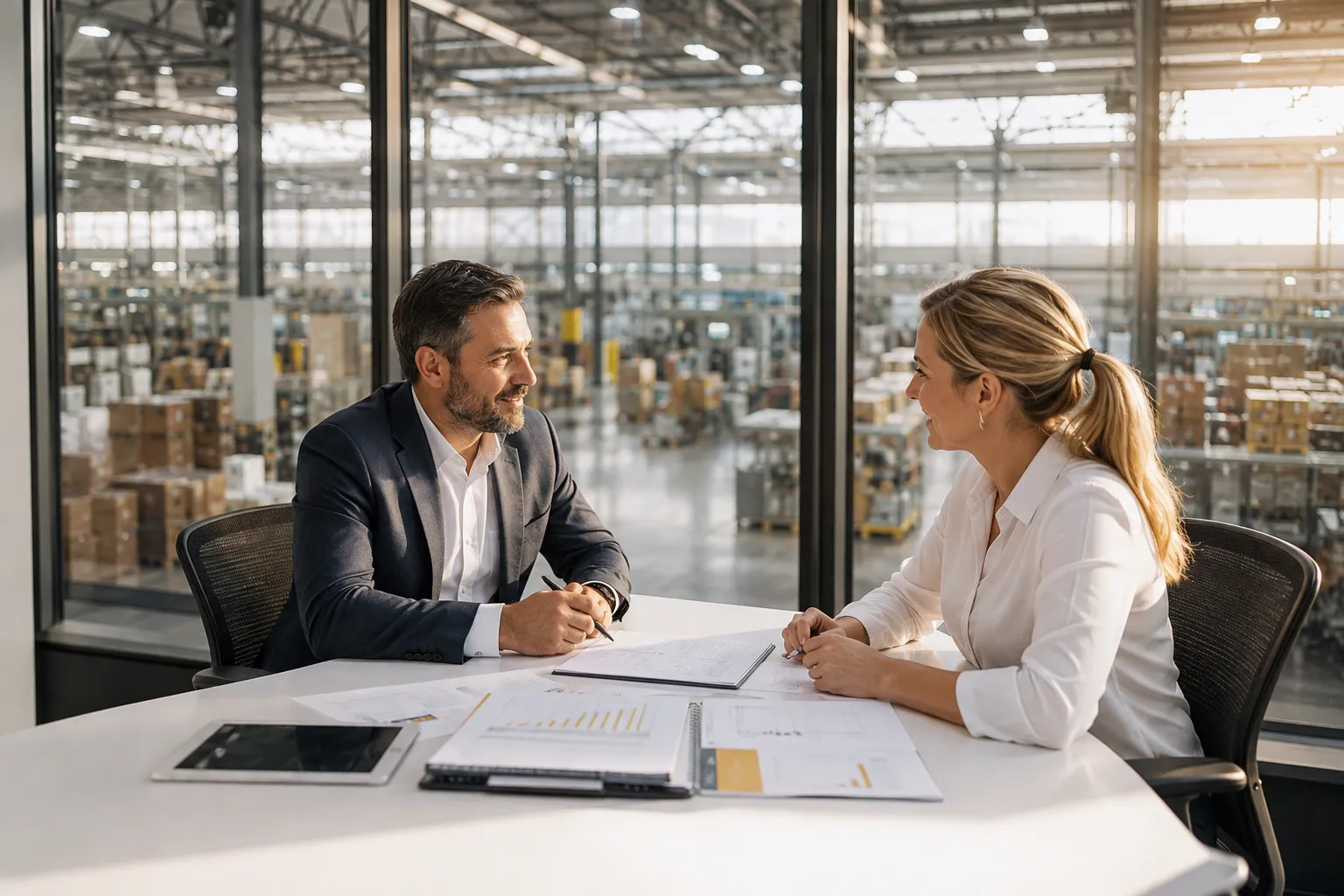 Business buyer and wholesale representative discussing a completed transaction