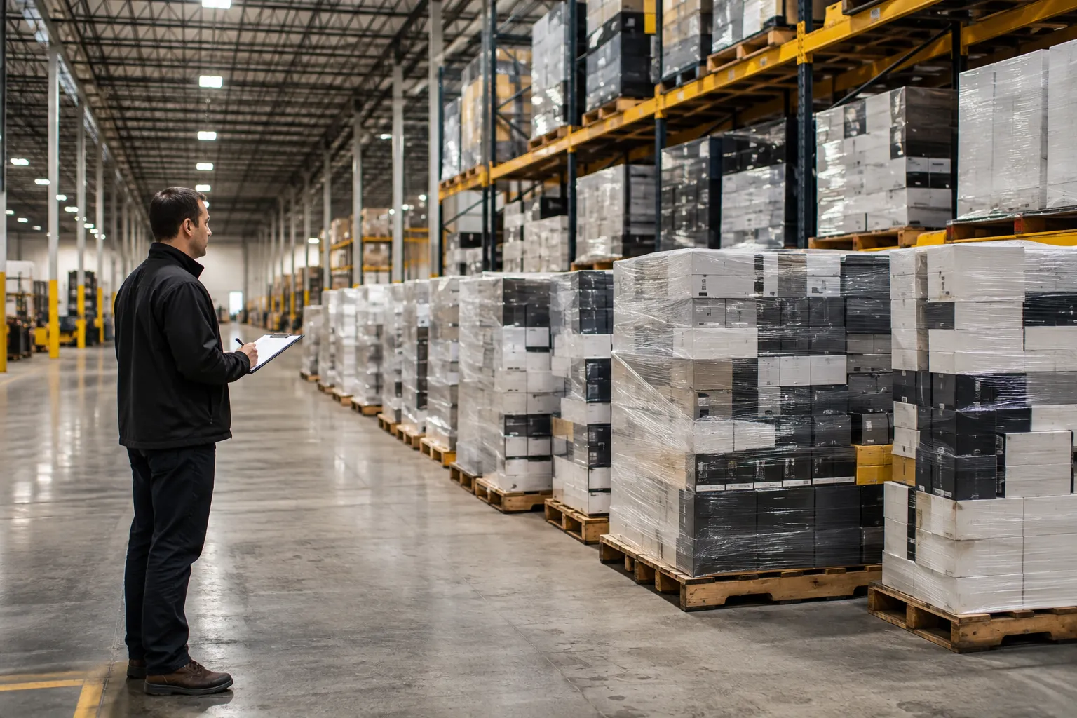 Warehouse supervisor reviewing bulk pallet inventory